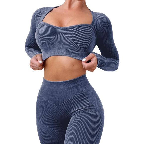 Blue Small Ribbed High Waisted Leggings Workout Lifting Leggings Gym Outfit - Picture 4 of 8